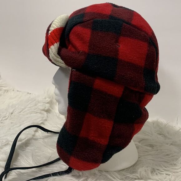 POOK Red Plaid Reversible Polar Fleece Bomber Style Trapper Hat unisex - Picture 2 of 10